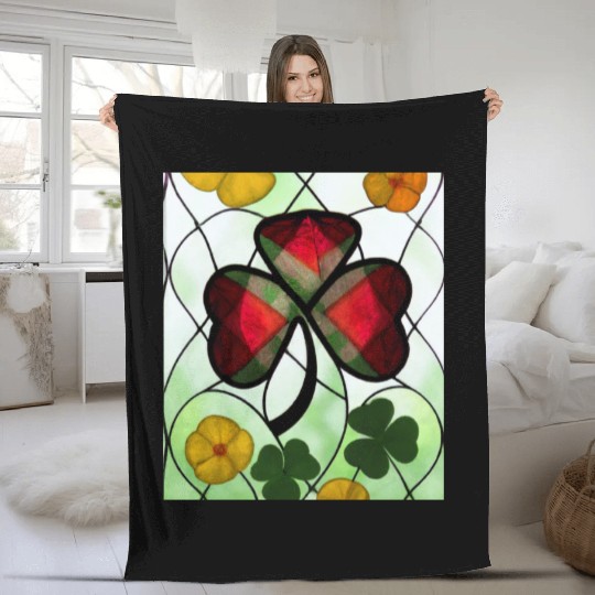 Red plaid Shamrock with Yellow Poppies (AI Art) Fleece Blankets