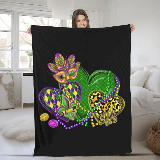 Mardi Gras Hearts Leopard Print Fleur de lis Symbo Fleece Blankets