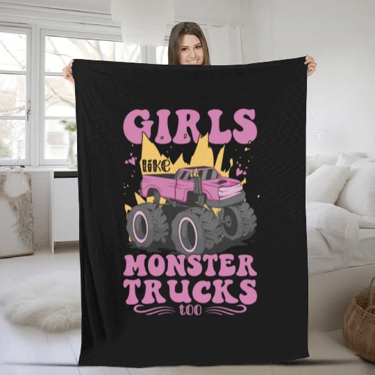 Girls Like Monster Trucks Too Girls Monster Truck Fleece Blankets