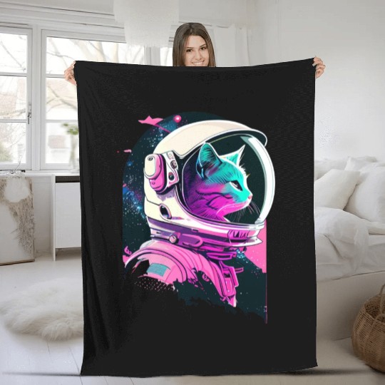 Aesthetic Vaporwave Space Cat 80s 90s Astronaut Fleece Blankets