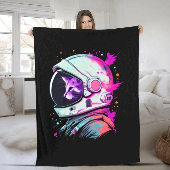 Aesthetic Vaporwave Space Cat 80s 90s Astronaut Fleece Blankets