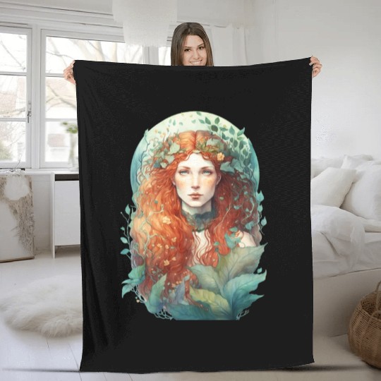 druid red hair spring forest elf nature fairy Fleece Blankets