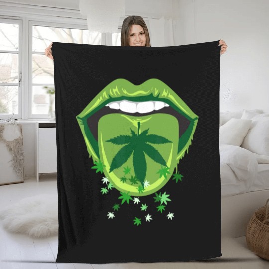 Marijuana Smoker Pot Leaf Tongue Green Lips Love W Fleece Blankets