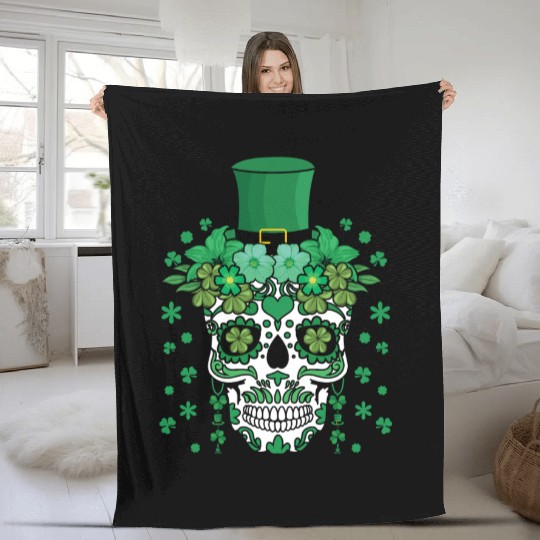 St Patty's Day Dia De Los Muertos Irish Flower Fleece Blankets