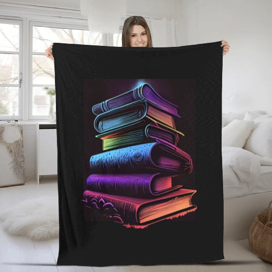 Synthwave Book Stacks Design - Retro Vibes Fleece Blankets