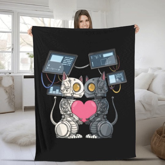 Robot Cat in Love for a Robotic Engineer Fleece Blankets