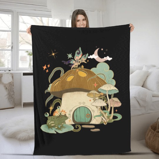 Mushroom House with Frog Moon and Stars Fleece Blankets