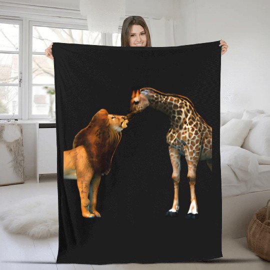 Lion kisses giraffe Fleece Blankets