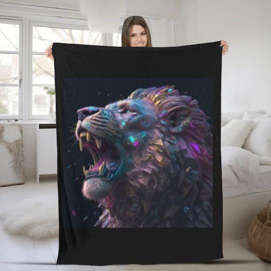 Art a huge cyberpunk lion roaring colorful gems Fleece Blankets