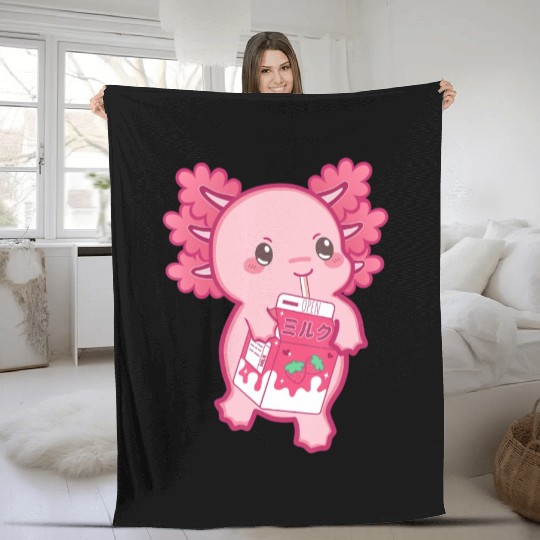 Kawaii Axolotl Strawberry Milk Teen Girl Kids Japa Fleece Blankets