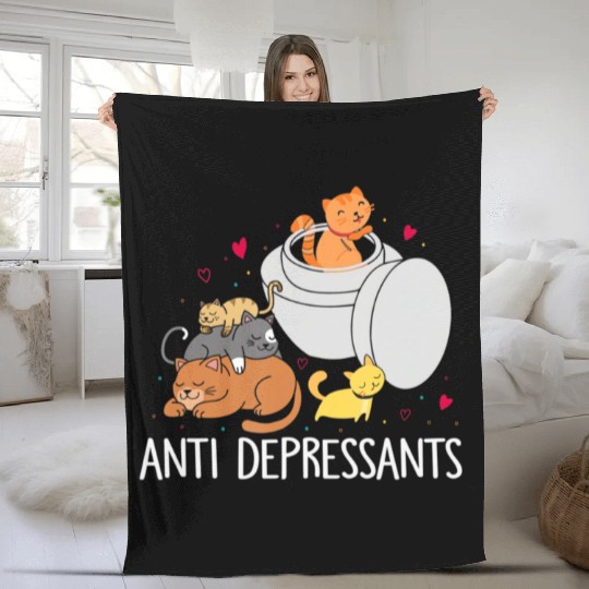 Funny Anti Depressants Cat Lover Sobriety Drug Fre Fleece Blankets