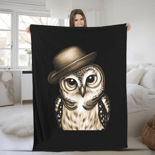 owl wearing derby hat - brown color Fleece Blankets