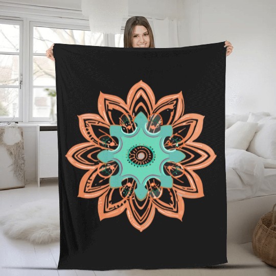 mandala Dance Paint oranger and green Fleece Blankets