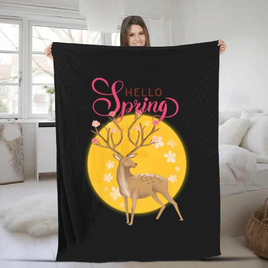 Hello Spring with cute deer Fleece Blankets
