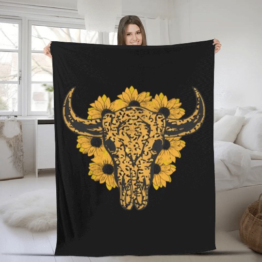 Bull Skull Sunflower Fleece Blankets