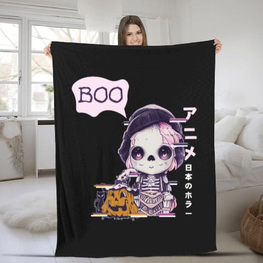 Cute Skeleton Chibi Pumpkin Japanese Aesthetic Fleece Blankets