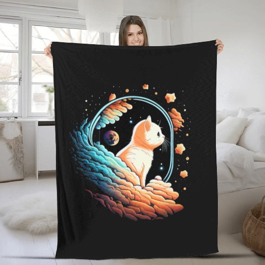 Astronaut Cat Space Cat on Galaxy Cat Lover Fleece Blankets