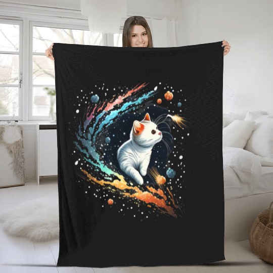 Astronaut Cat or Space Cat on Galaxy Cat Lover Fleece Blankets