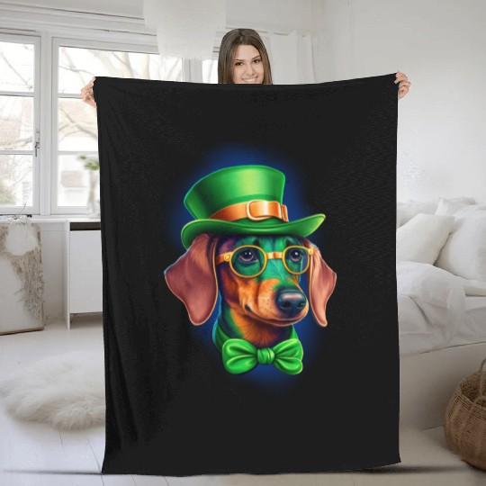 St. Patricks Day Dachshund Wiener Dog Shamrock Fleece Blankets