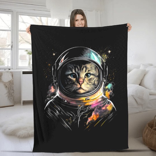 Space Cat on Galaxy Cat Lover Fleece Blankets