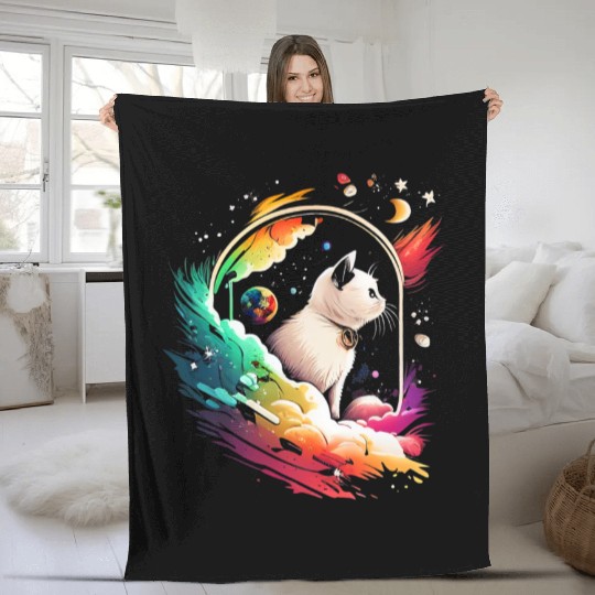 Space Cat on Galaxy Cat Lover Fleece Blankets