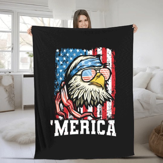 4th of July Bald Eagle USA Flag Patriotic Merica Fleece Blankets