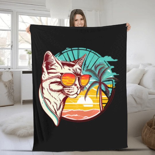 Retro Cat Vintage Sunset 80s 90s Sunglasses Party Fleece Blankets