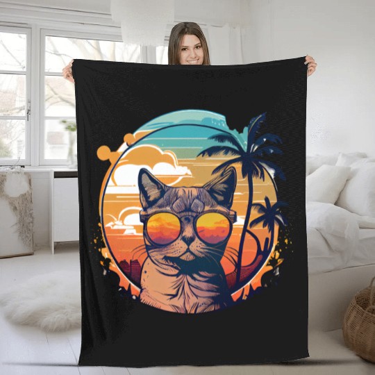 Retro Cat Vintage Sunset 80s 90s Sunglasses Party Fleece Blankets