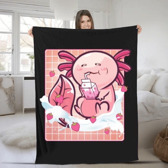 Kawaii Axolotl Strawberry Milk Shake Funny Sushi Fleece Blankets