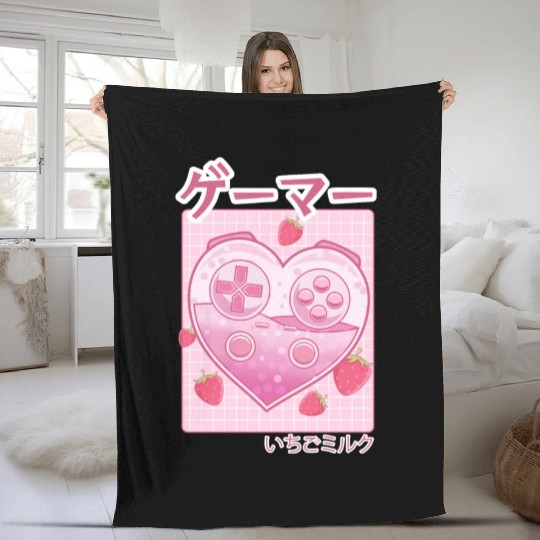 Video Gamer Japanese Kawaii Strawberry Milk Anime Fleece Blankets