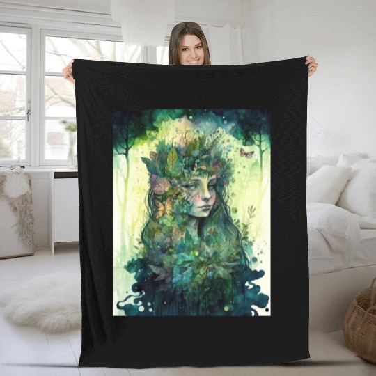 Nature Goddess - Woodland Witchy Forest Greenwoman Fleece Blankets