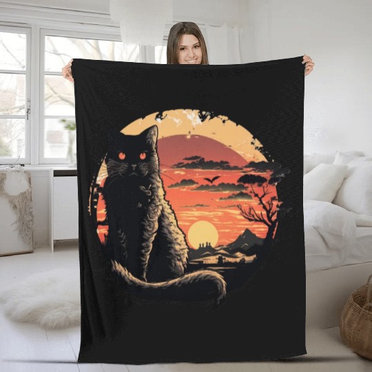 Catzilla Vintage Funny Cute black Cat Art Japanese Fleece Blankets
