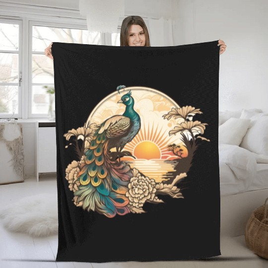 Serenity at Sunrise: Peacock Inspired Artwork Fleece Blankets