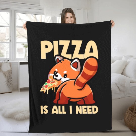 Cute Animal Red Panda Pizza Fan Eating Fast Food Fleece Blankets