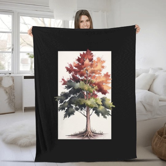Serene Watercolor Maple Tree Art Fleece Blankets