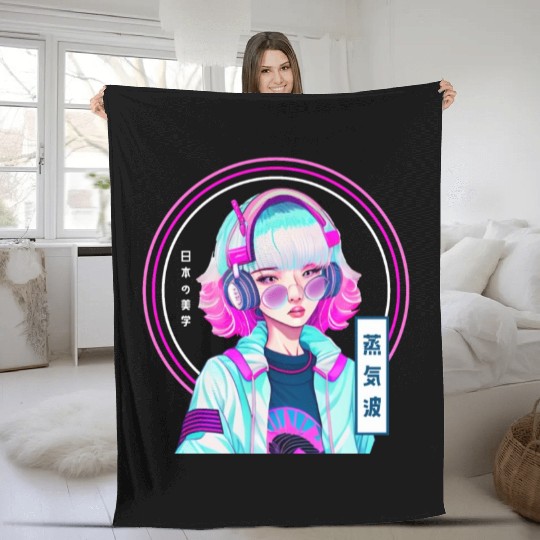 Japanese Vaporwave Gamer Girl Synthwave Aesthetic Fleece Blankets