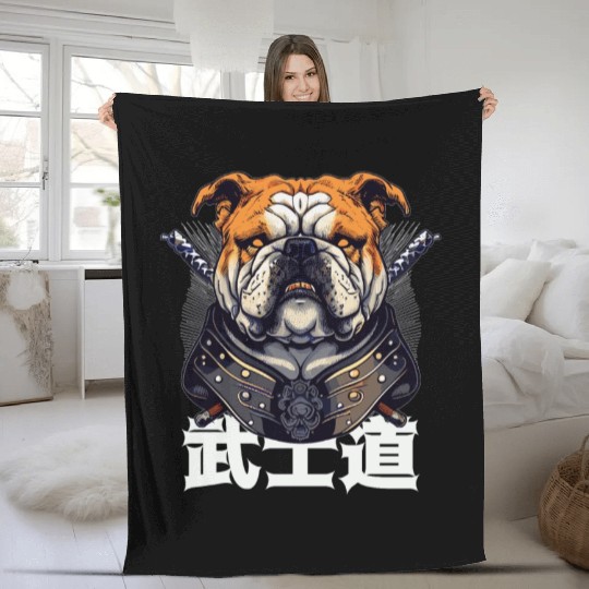 Japanese Samurai Bushido Bulldog Katana Pet Dog Fleece Blankets