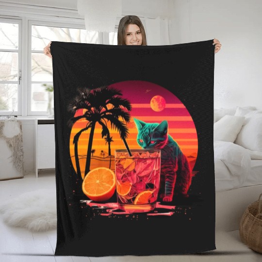 Funny Cat Drinking Cocktail Cat Lover Fleece Blankets