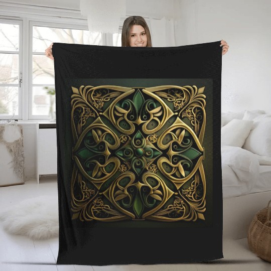 Green Bronze Ornamental Plaid Decoration Pattern Fleece Blankets