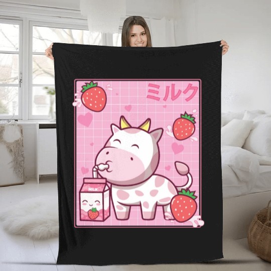 Kawaii Pink Strawberry Cow Milk Shake Otaku Anime Fleece Blankets