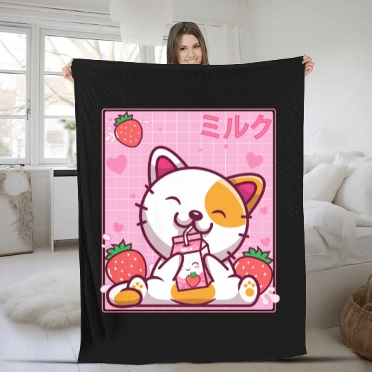 Kawaii Kitten Cute Cat Strawberry Milk Shake Fleece Blankets