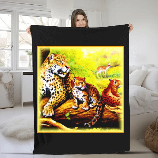 Jaguar Mom and Cubs Relaxing in Jungle. Buy Now Fleece Blankets