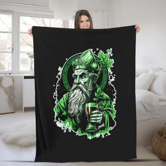 Funny Drunk Saint Patrick drinking beer by gnarly Fleece Blankets