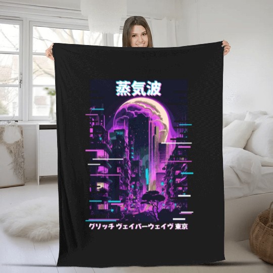 Retro Glitch Cityscape Vaporwave Futurism Tokyo Ae Fleece Blankets
