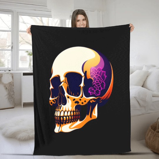 Skull Head With Flowers On The Ears Fleece Blankets