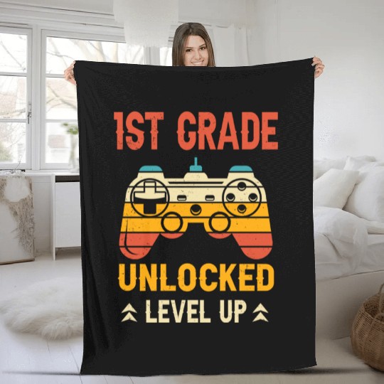 1st Grade Unlocked Level Up Video Gamer Back Fleece Blankets