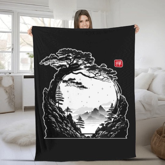 Japanese Zen Circle Landscape Buddhism Bonsai Tree Fleece Blankets