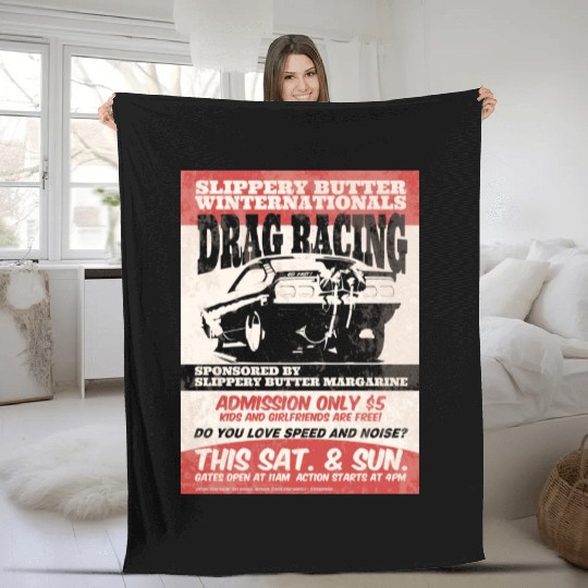 Vintage Hot Rod Classic Drag Racing Poster Fleece Blankets