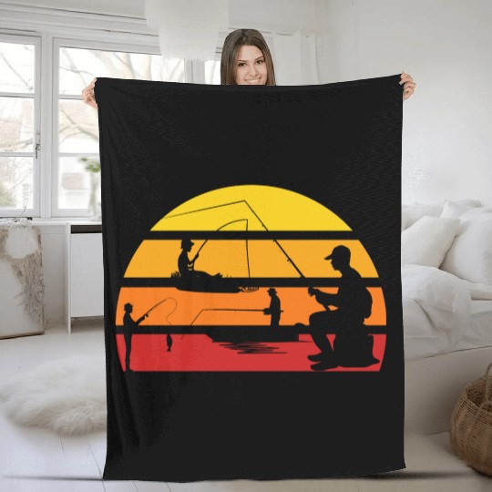 Vintage sunset fishing boat angler Fleece Blankets