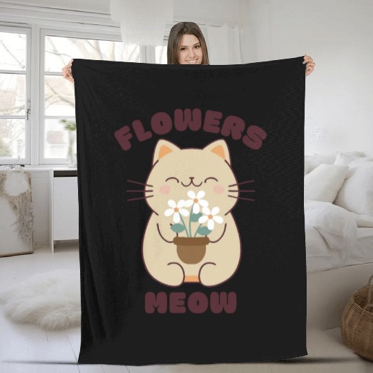 Kawaii cat and flowers, meow! Fleece Blankets
